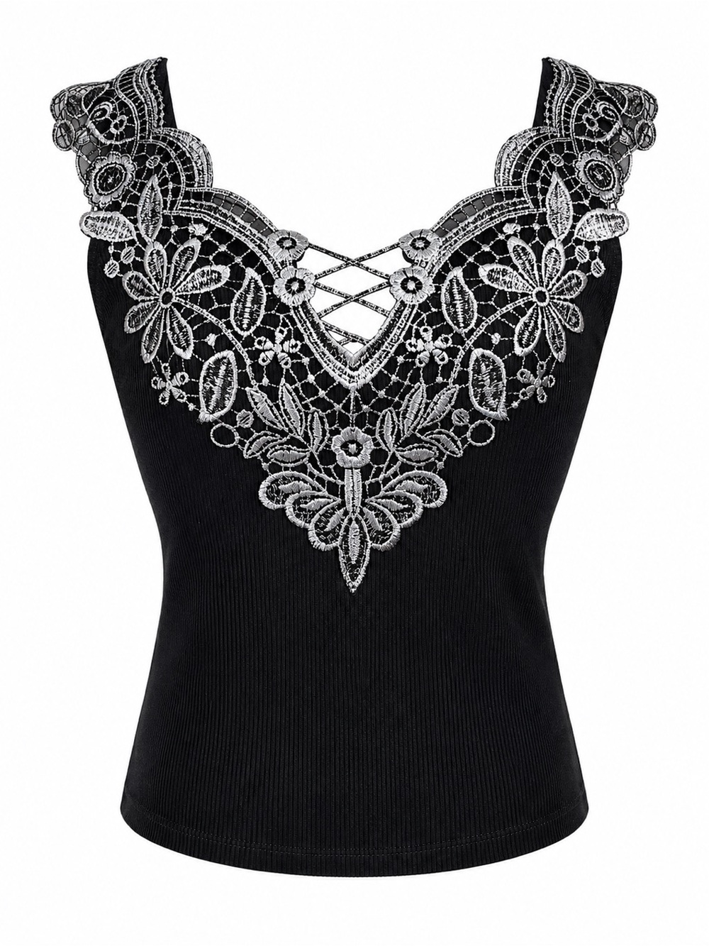 Women’s Black cropped Tank Top with silver Lace Collar. Small. Boutique